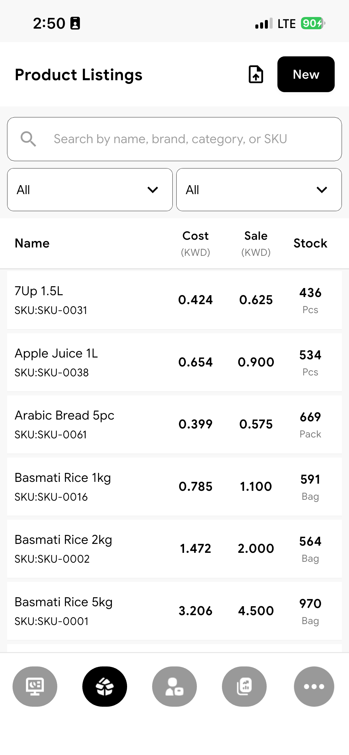 Product listings with cost, sale price, and live stock