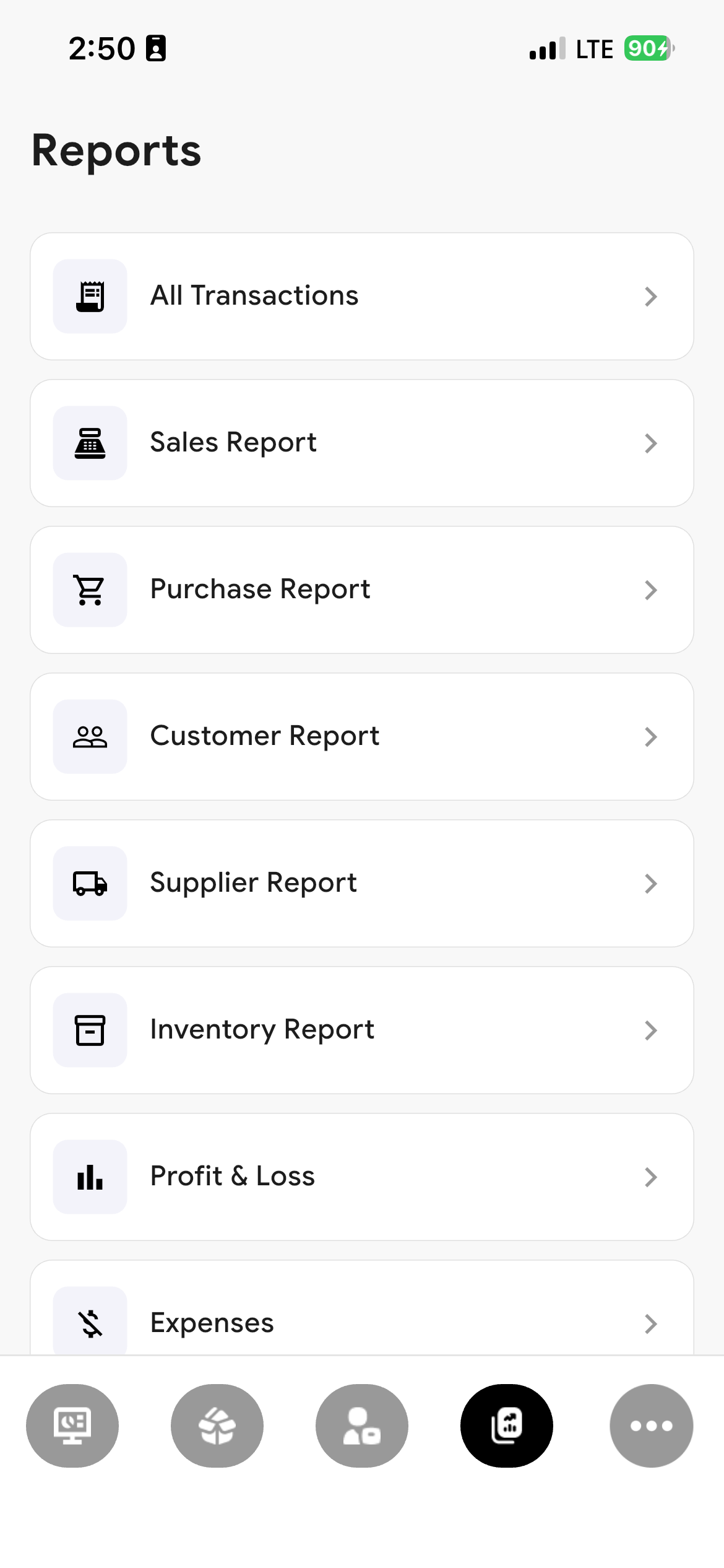 Reports menu showing all available business reports