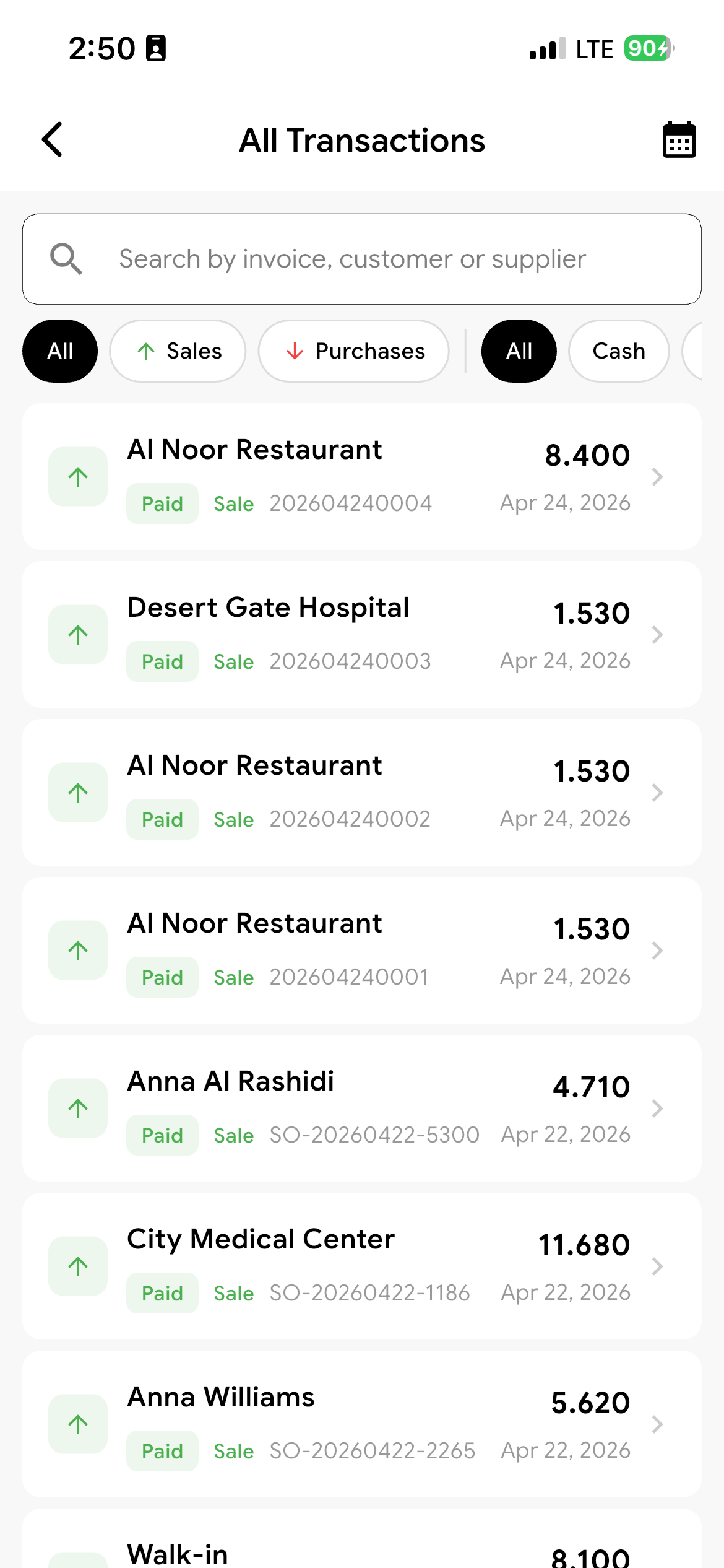 All transactions list filtered by sales and purchases
